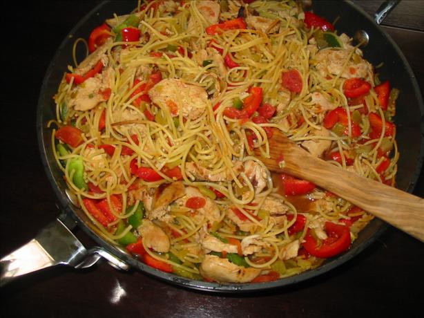 Spaghetti met kip en paprika